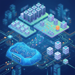 Digital schematic of data lake connected to processing nodes, cloud storage, and data pipelines